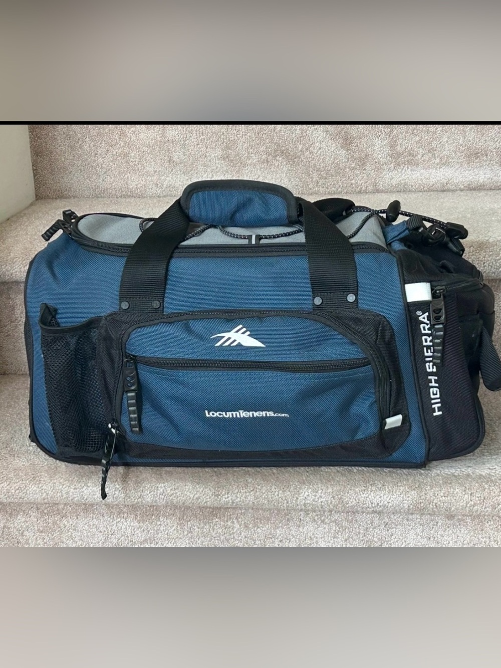Blue and Black Duffel Bag with Side Pocket
